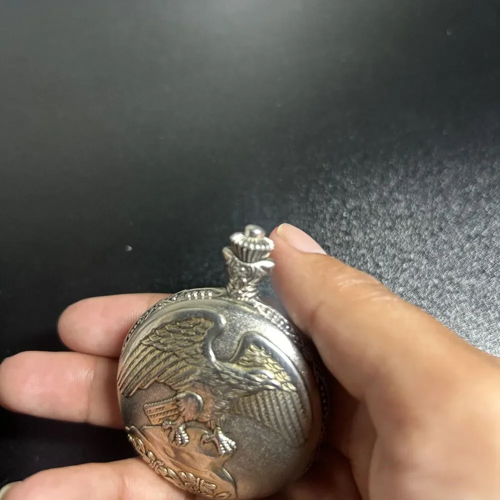 Silver Full Hunter Pocket Watch Eagle Design Arabic Numerals Polished Case